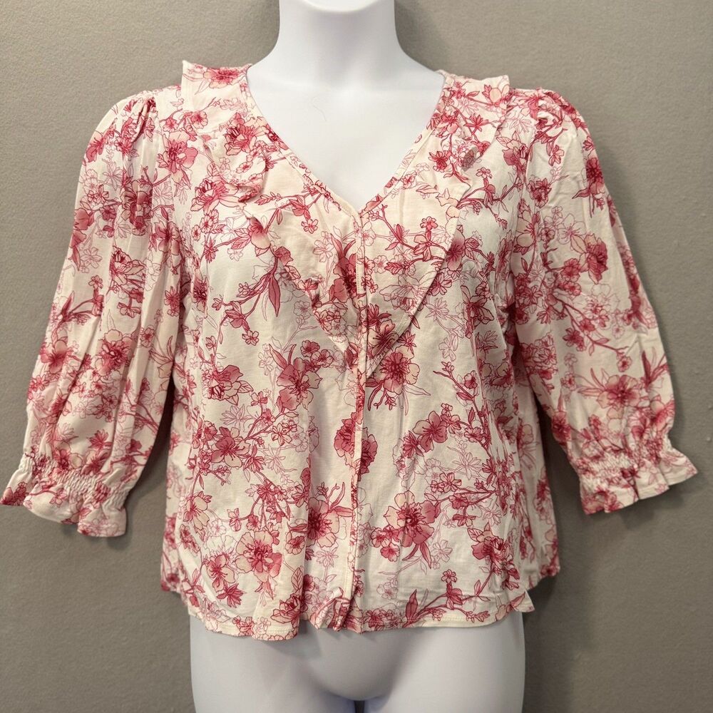Bobeau Floral Ruffle Blouse Womens Large L Pink White V-Neck Peasant Top Casual